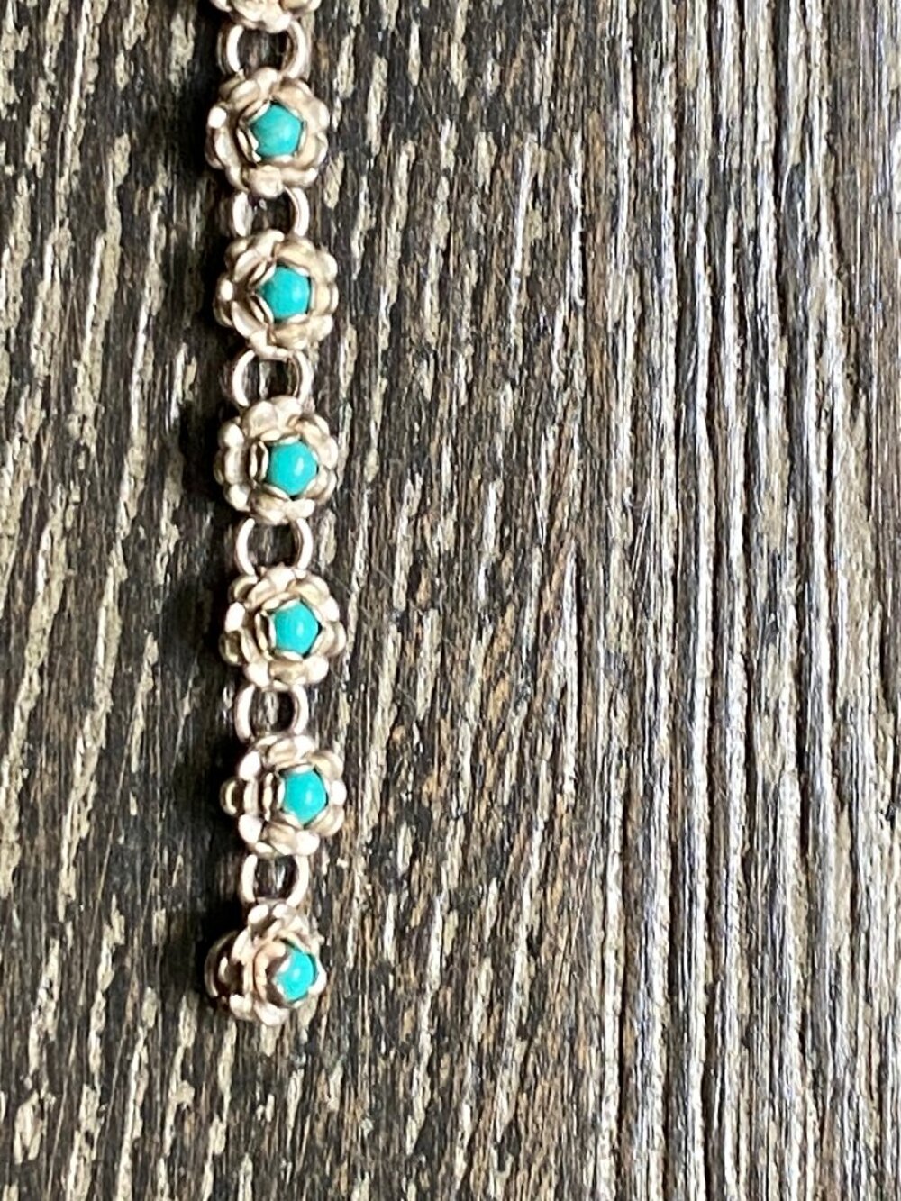 Vintage Circa 60's 70's Sterling Silver Turquoise Bead Floral Link Bracelet 5.5"